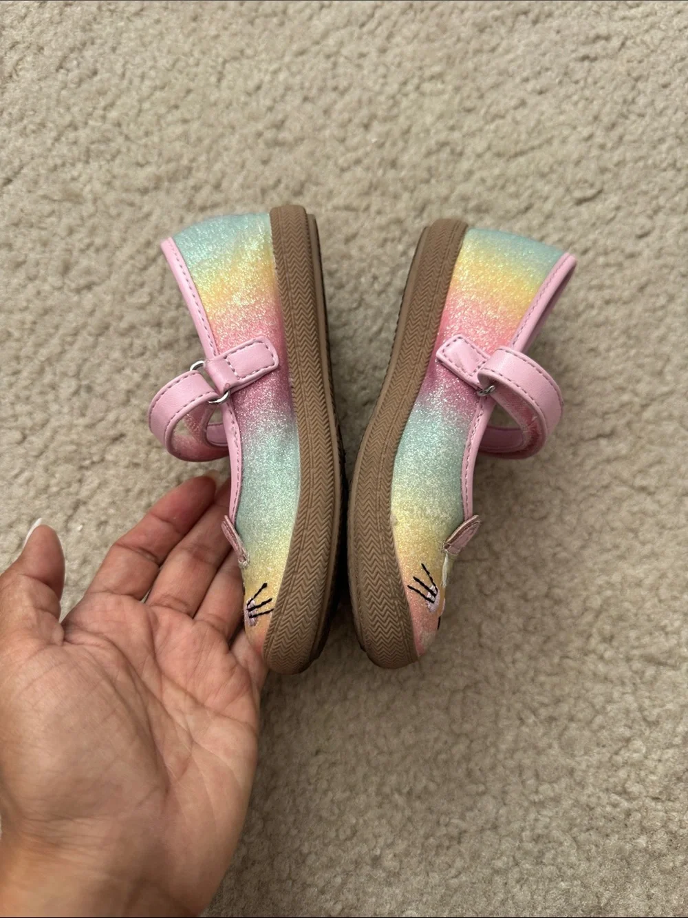 Harper Canyon Girls' Pastel Rainbow Cat Mary Jane Shoes - Pink Trim - size 8
